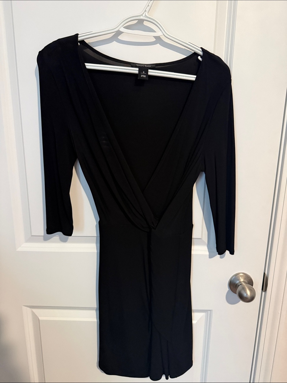 WHBM Black V-Neck Wrap Dress with Three-Quarter Sleeves